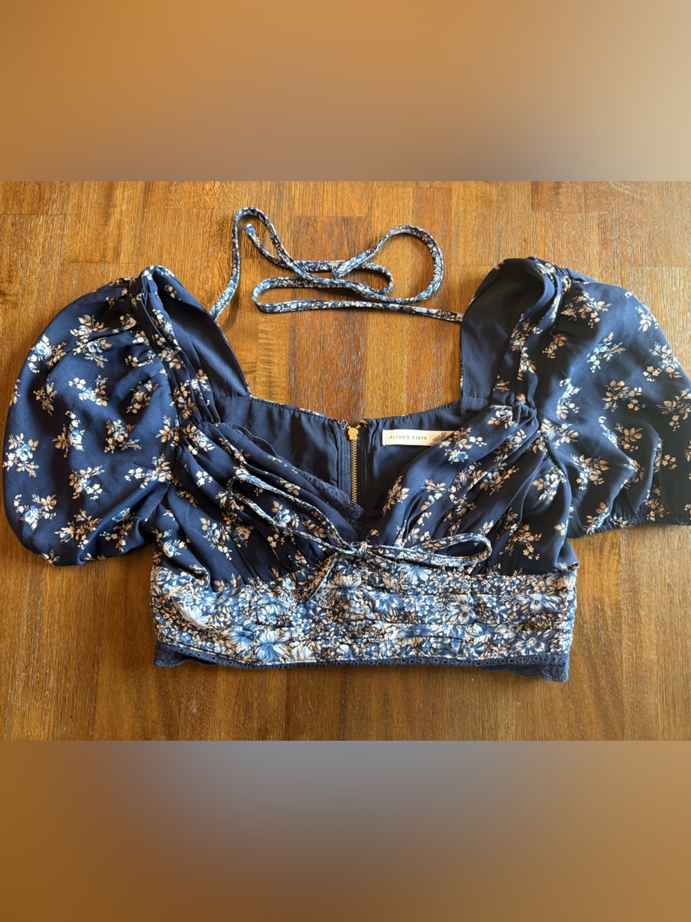 Altar'd State Navy Floral Puff-Sleeve Smocked Tie-Front Crop Top